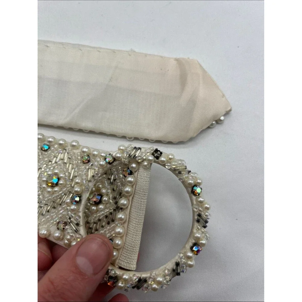 Vintage NWT 1970s White Silver Toned Beaded Wide Belt